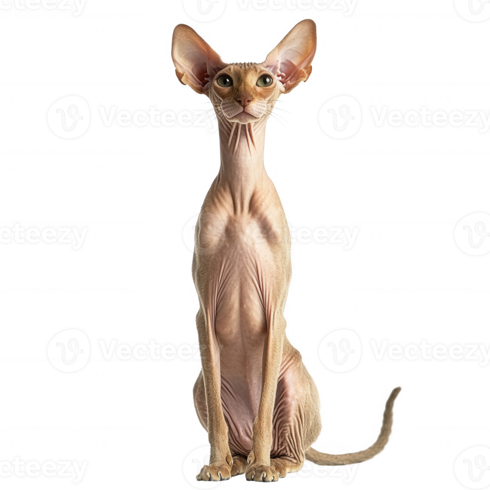 A curious feline with distinctively large ears and a unique hairless coat. png