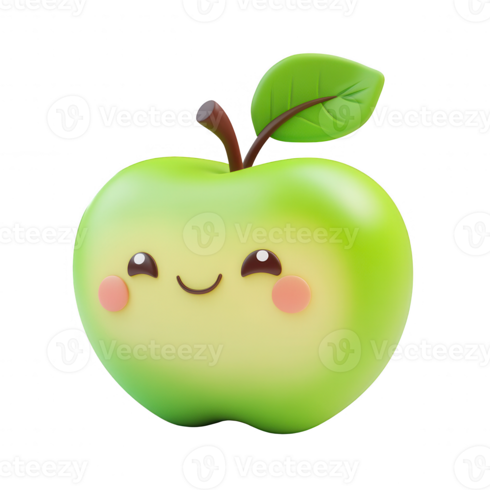 A cute, smiling green apple with a cheerful expression and a green leaf. png