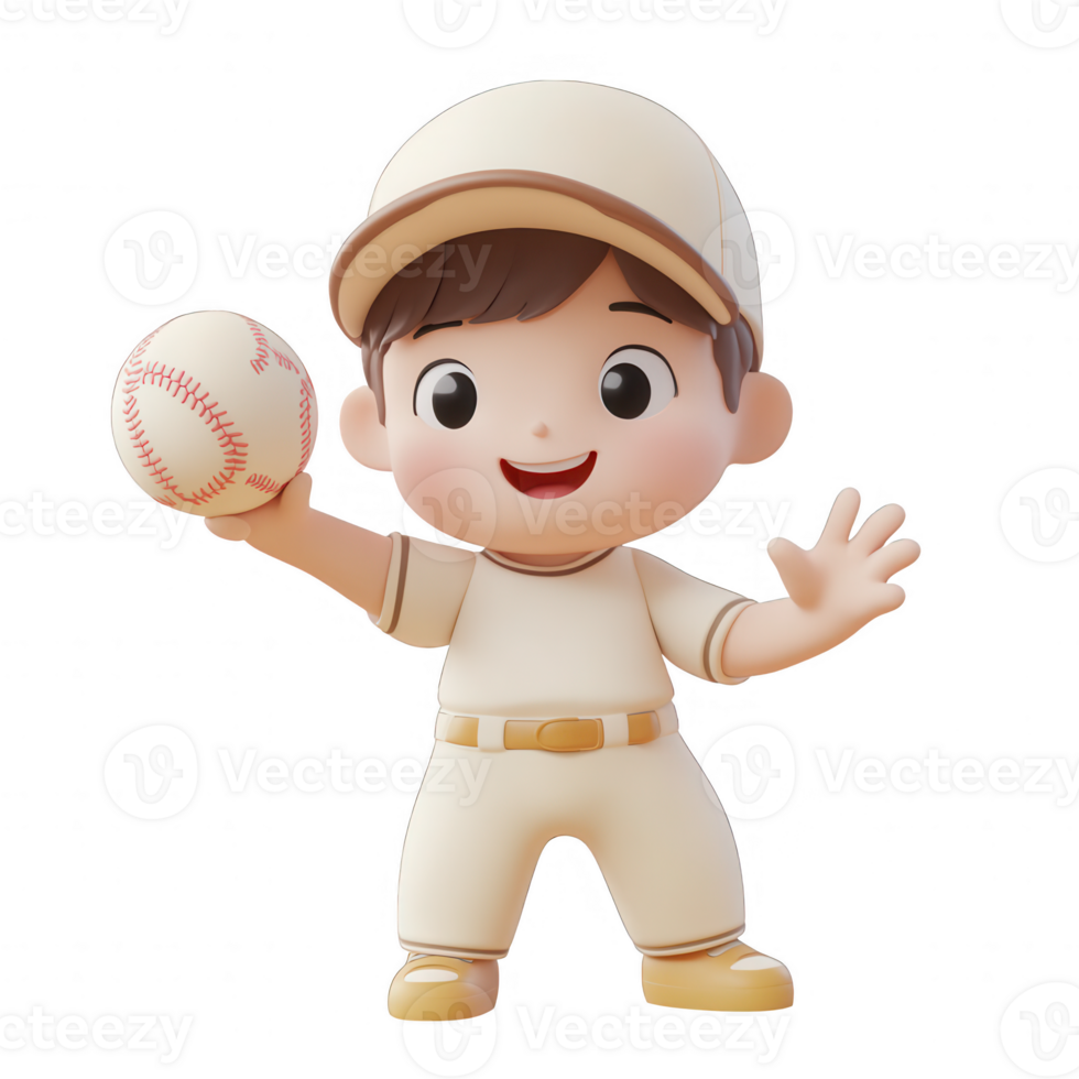 A cheerful cartoon boy in baseball uniform holding a baseball and smiling at viewers. png