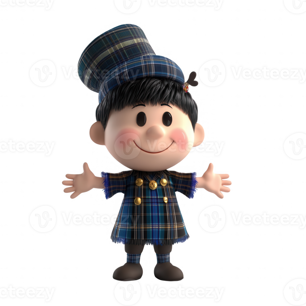Cheerful animated character wearing a plaid outfit with arms open wide, inviting joy. png