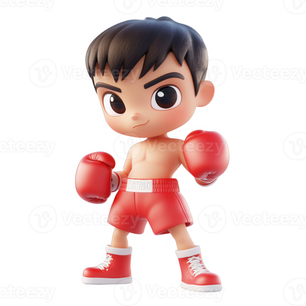 A cute cartoon boxer in red gloves and shorts, ready for a match. png