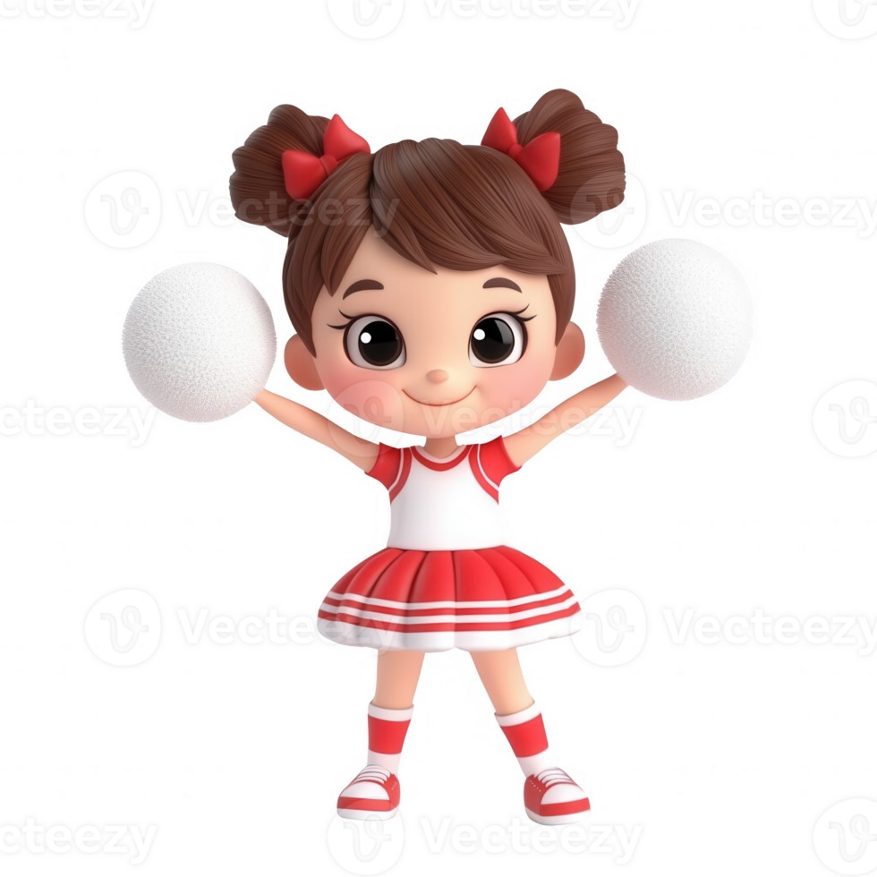 Cheerful cartoon character in a cheerleading outfit holding pom-poms. png