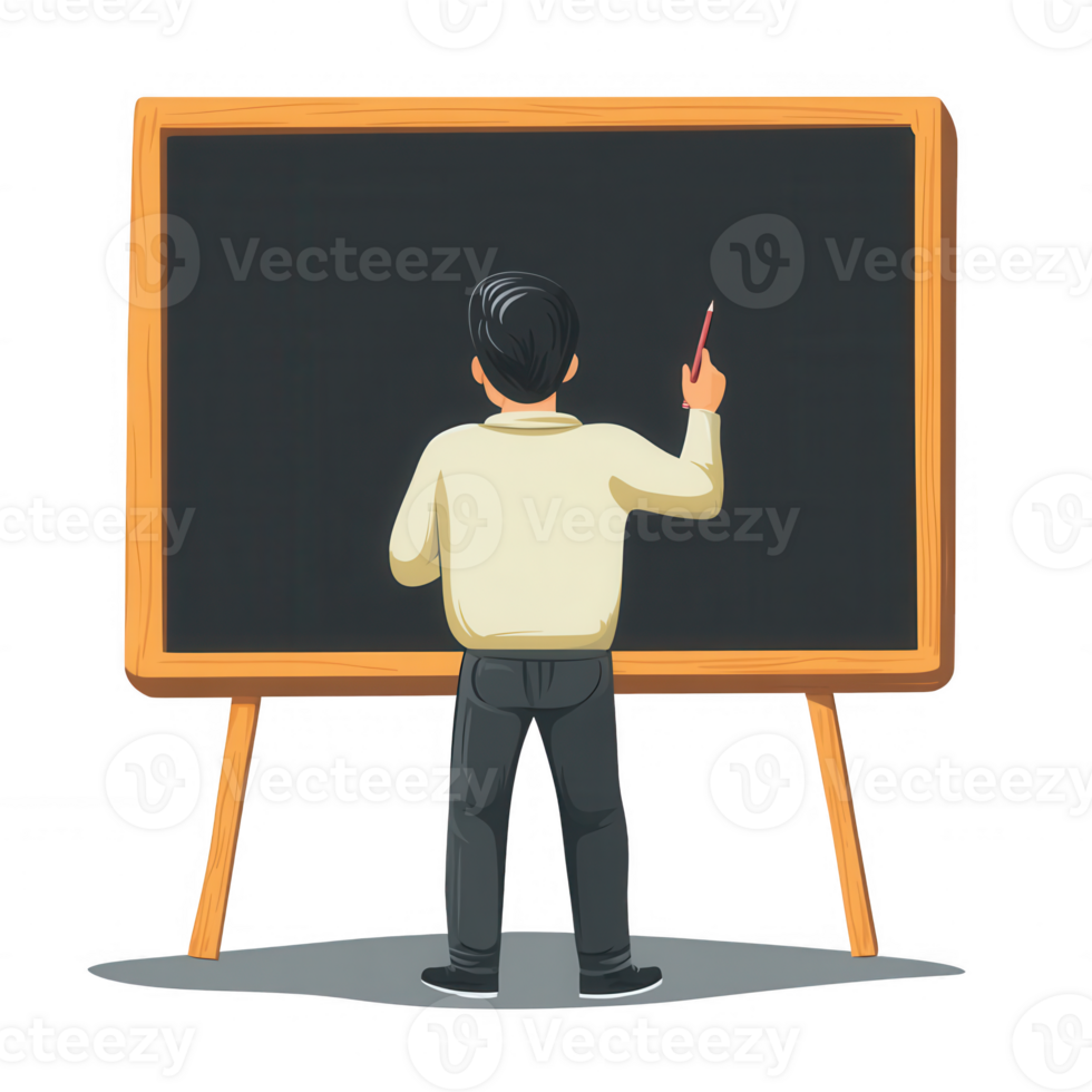 A teacher stands before a chalkboard, illustrating an educational concept with a pointer. png