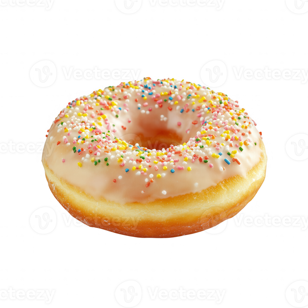 A delicious frosted donut topped with colorful sprinkles on a white background. png