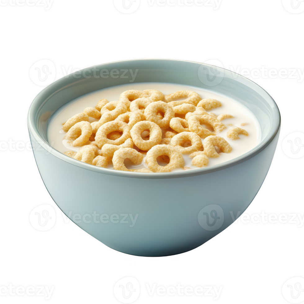A bowl of cereal with milk, showcasing crunchy rings in a light blue dish. png