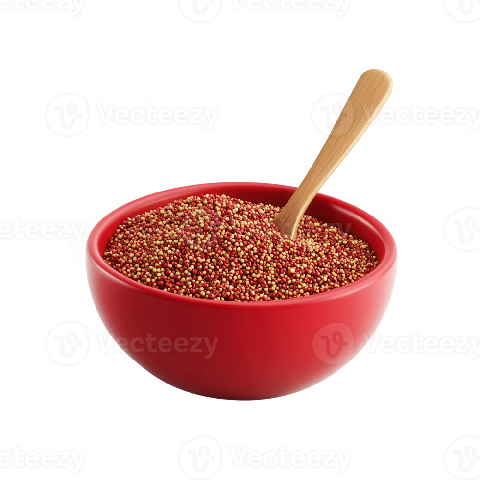 A vibrant red bowl filled with colorful quinoa seeds, ready for culinary creations. png