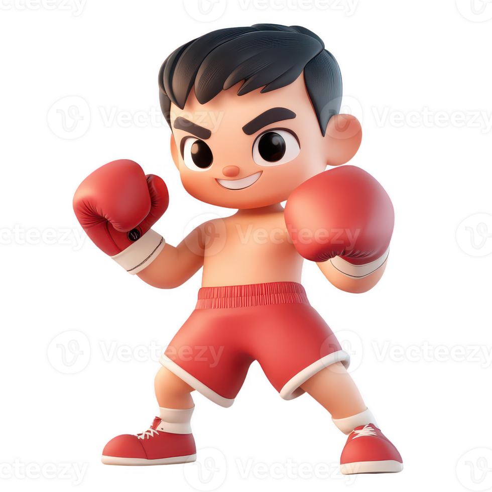Cheerful cartoon boxer in red shorts ready to fight with confidence and energy. png