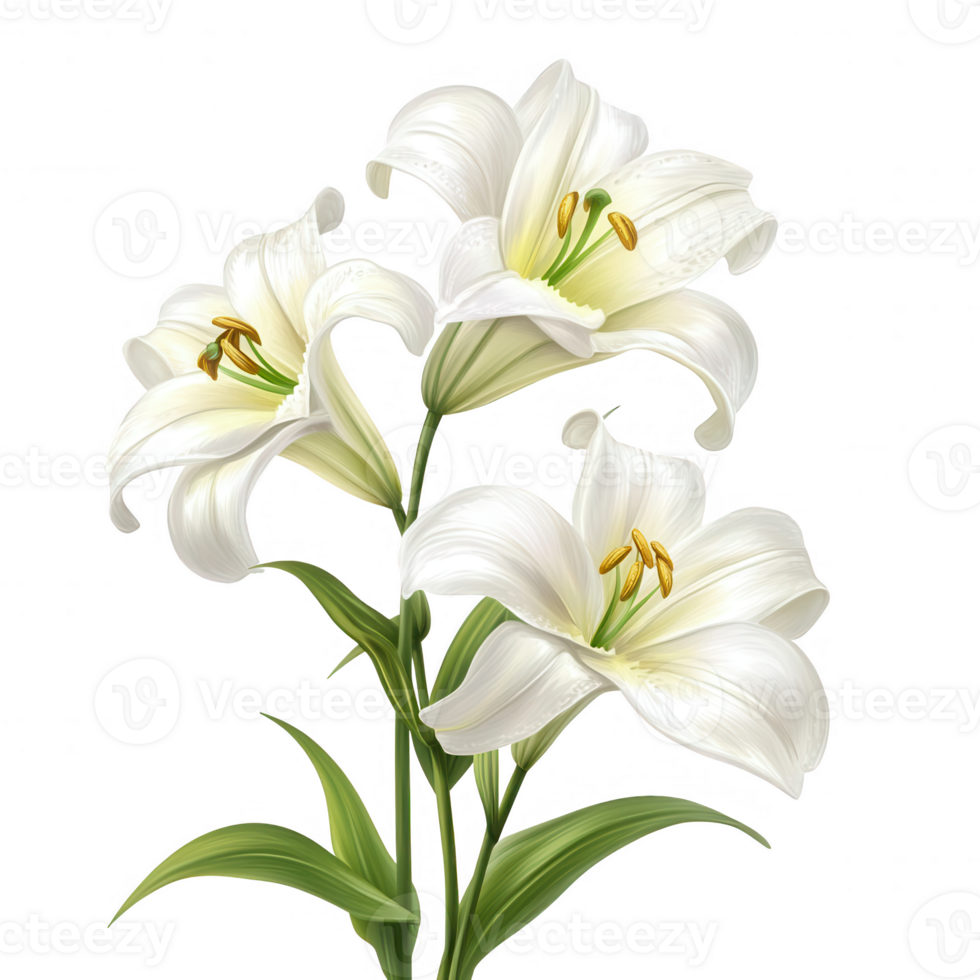 Beautiful white lilies blooming gracefully in a lush green environment. png