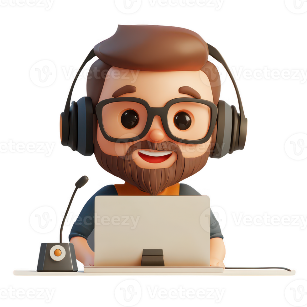Cheerful cartoon character working on a laptop with headphones. png