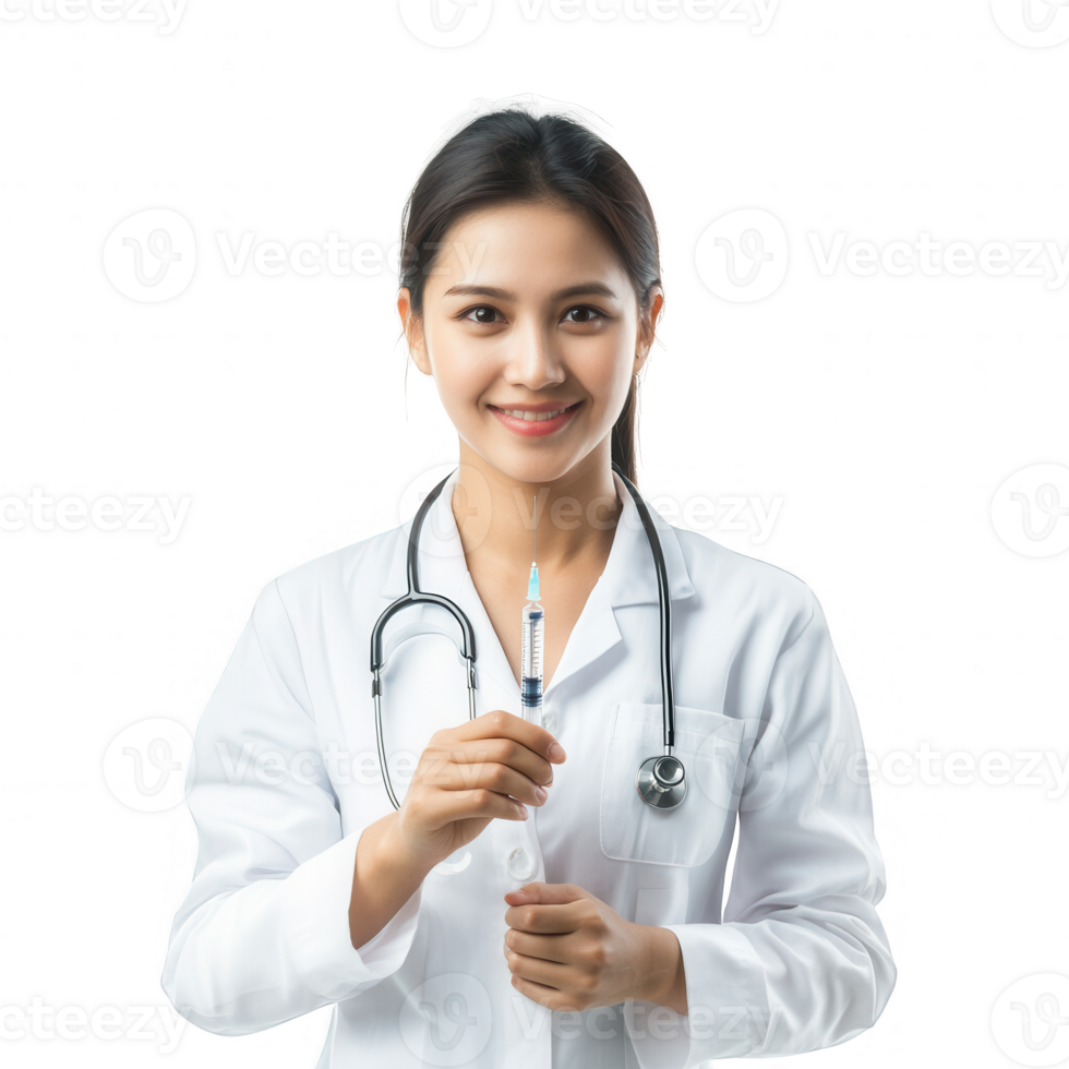 A cheerful female doctor ready with a syringe, promoting health and wellness. png