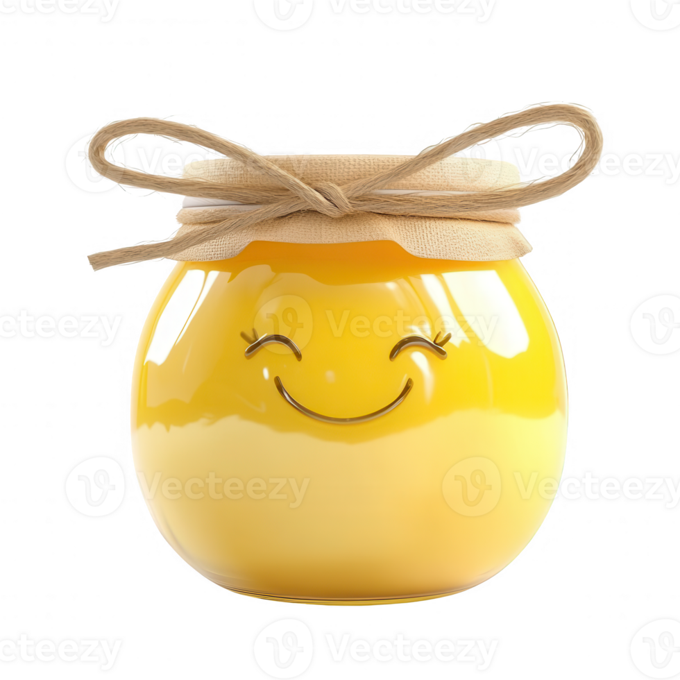 Cheerful jar of honey with a smiling face and a bow, perfect for sweet moments. png