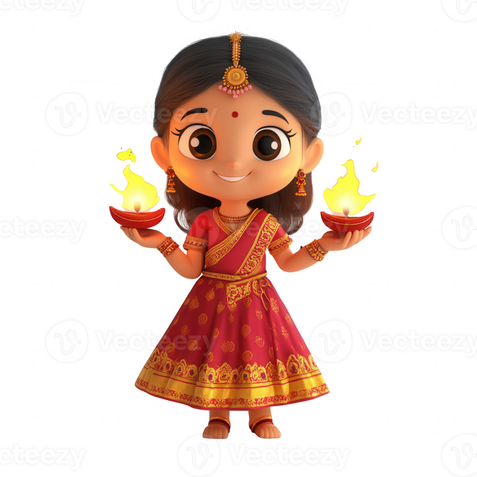 A cheerful girl in traditional attire holding glowing lamps during a festival celebration. png
