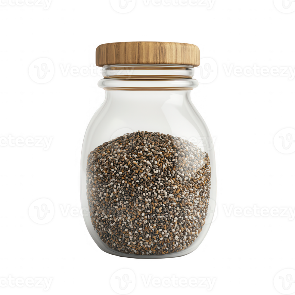 A glass jar filled with chia seeds, showcasing their unique texture and color. png