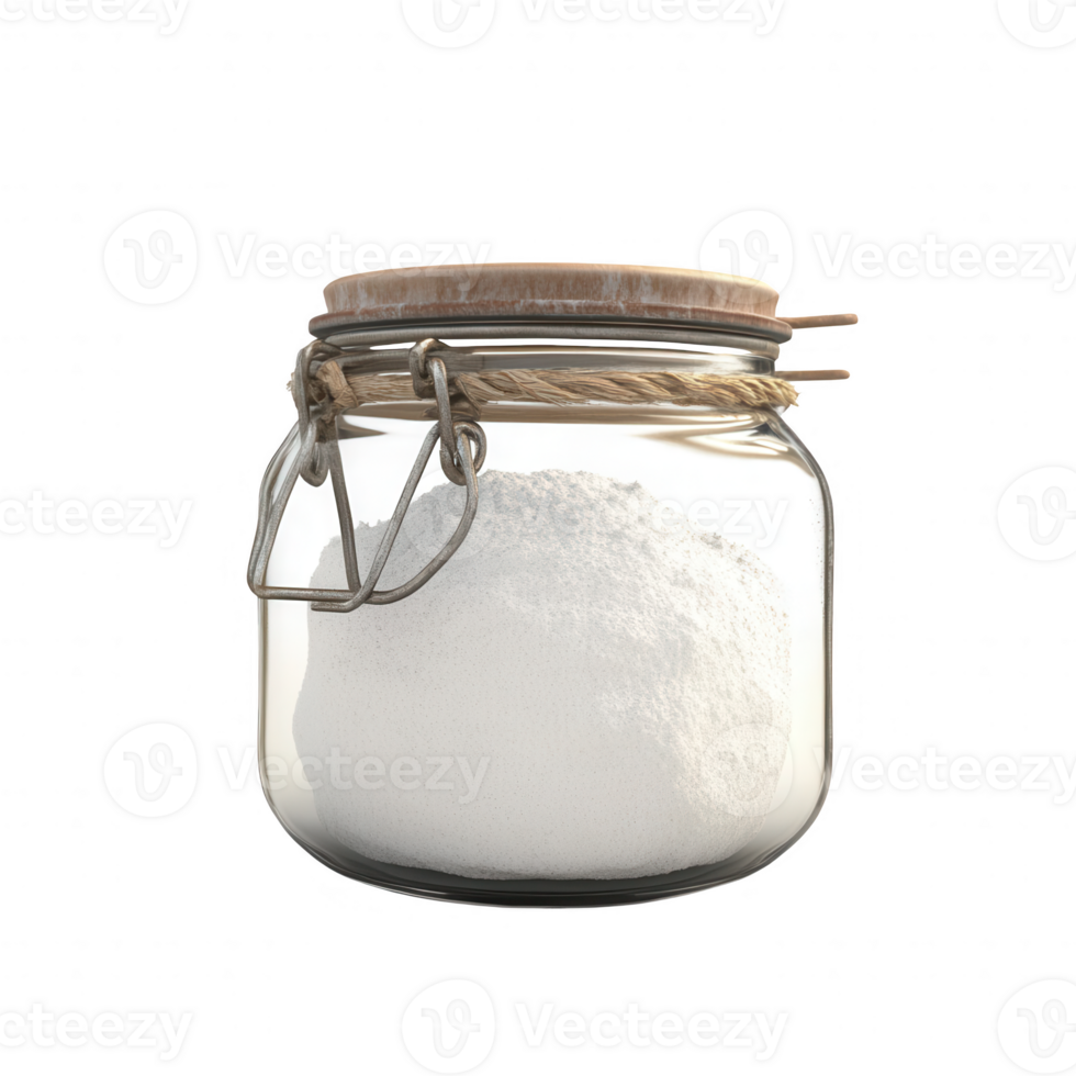 A transparent jar filled with white flour, showcasing its texture and clarity. png