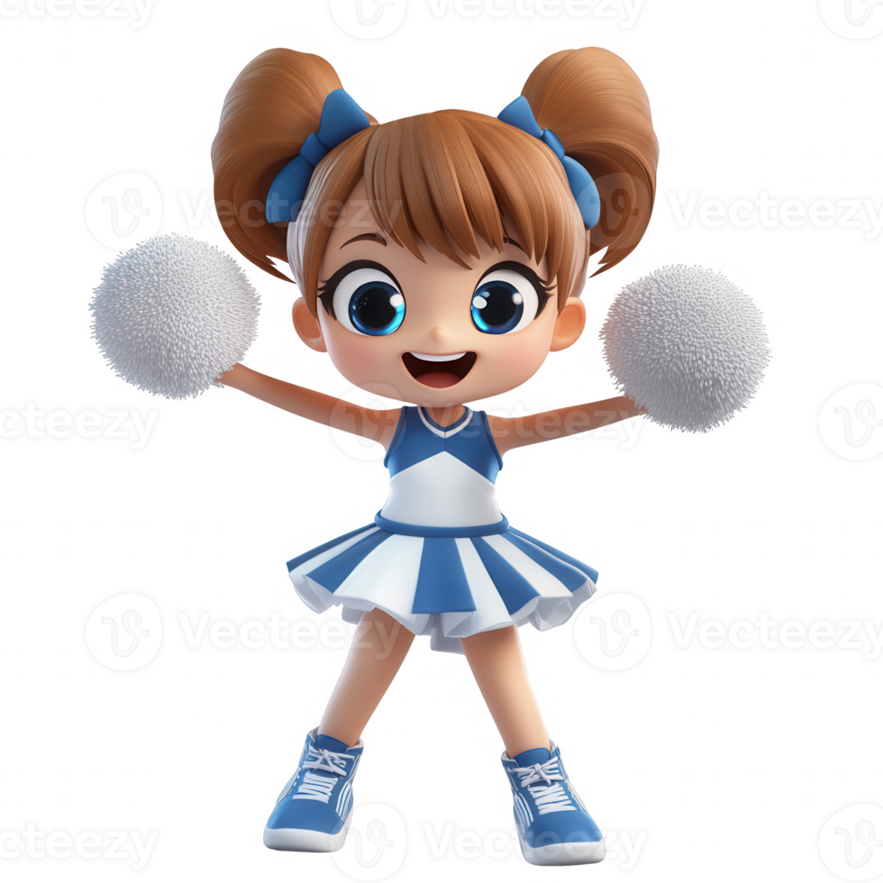 Cheerful cartoon character with pom poms celebrating in a vibrant cheerleading outfit. png