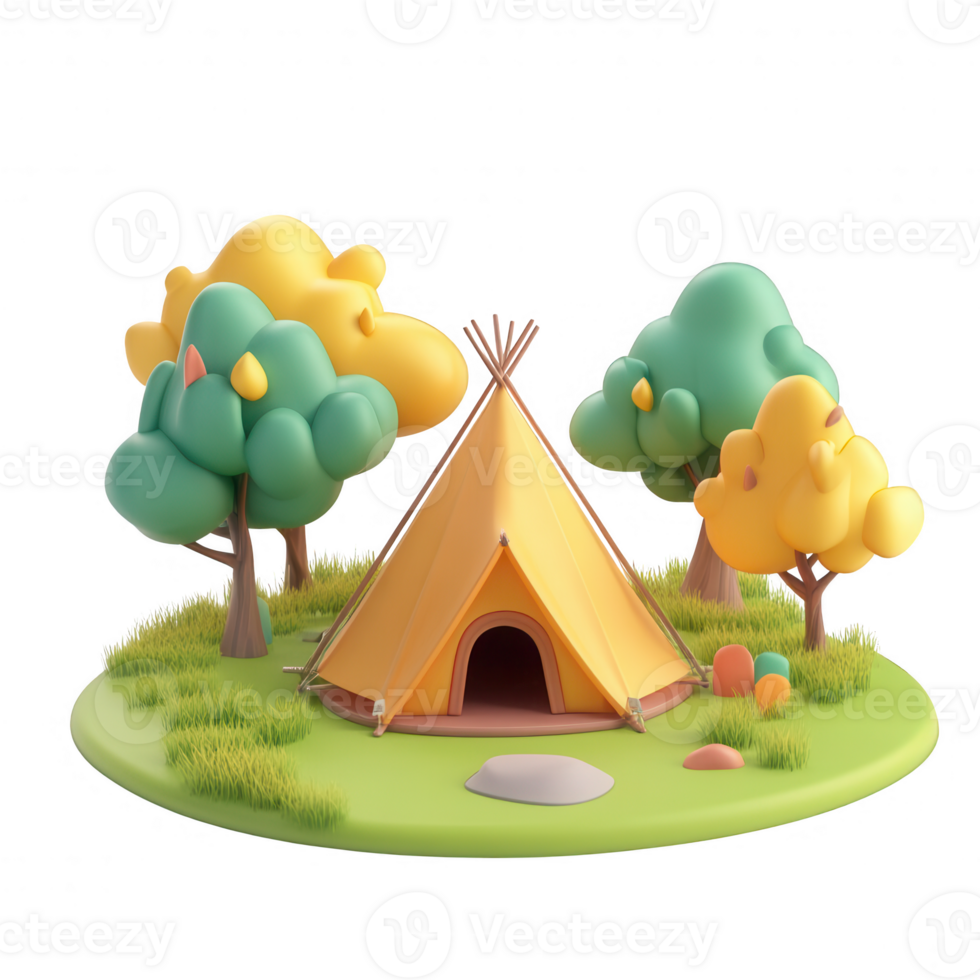 A vibrant tent surrounded by colorful trees, ideal for camping or outdoor adventures. png