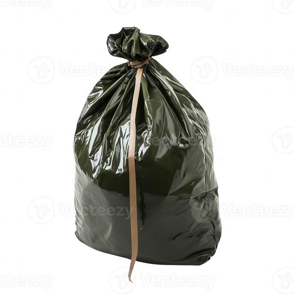 A green trash bag tied securely, symbolizing waste management and environmental concerns. png