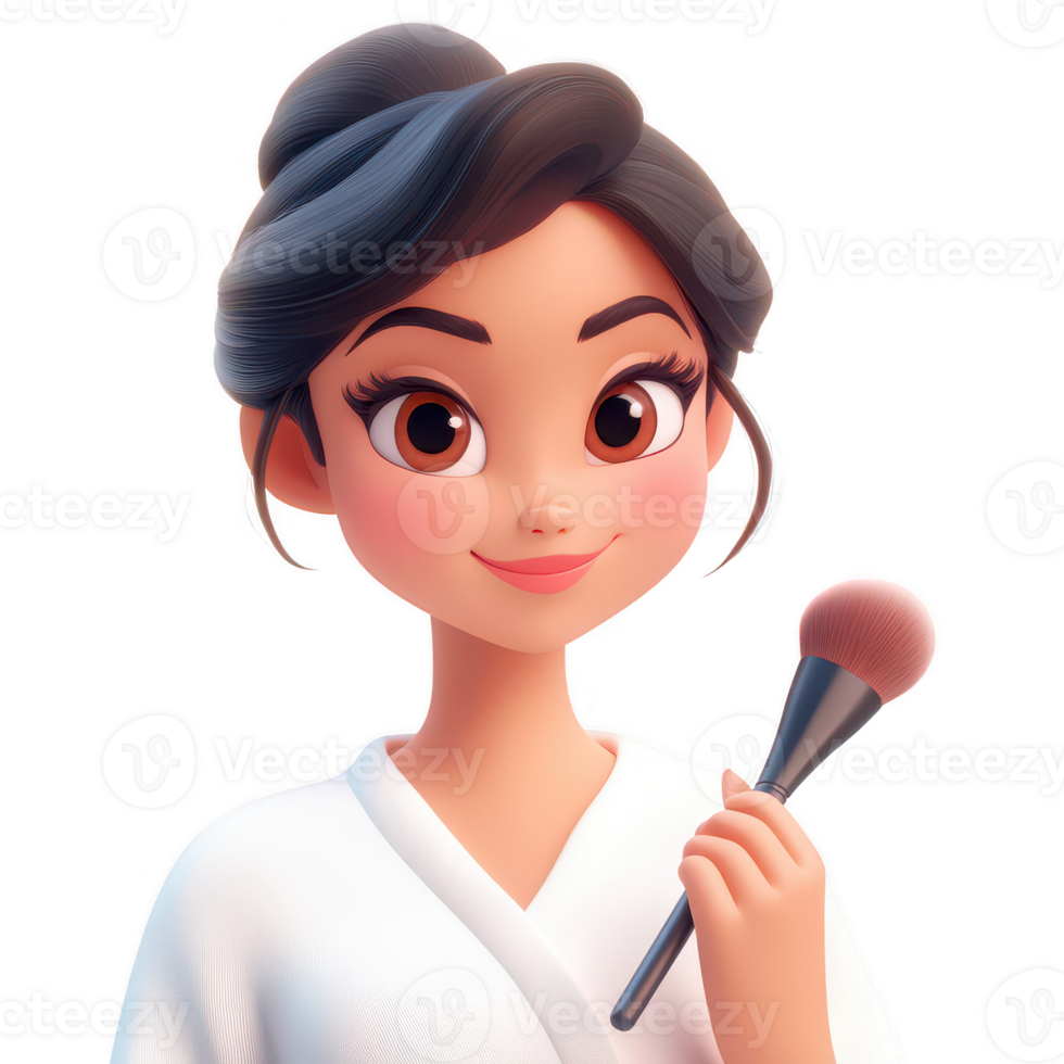 A cheerful young woman holding a makeup brush, ready to create beauty looks. png
