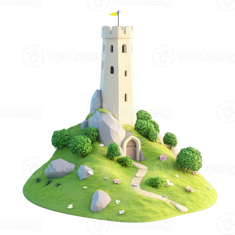 een grillig toren boven een weelderig heuvel met bloemen, rotsen, en een kronkelend pad. png