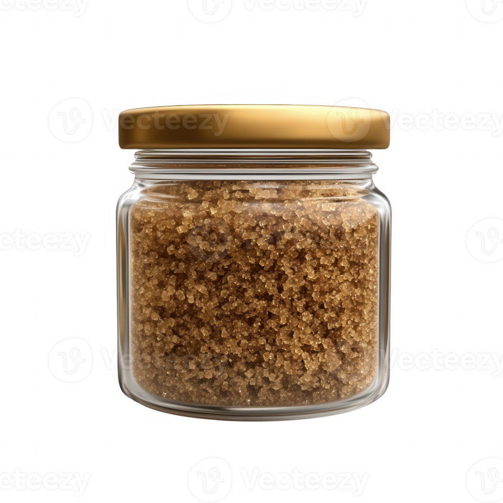A jar filled with golden brown sugar, perfect for adding flavor to various dishes. png