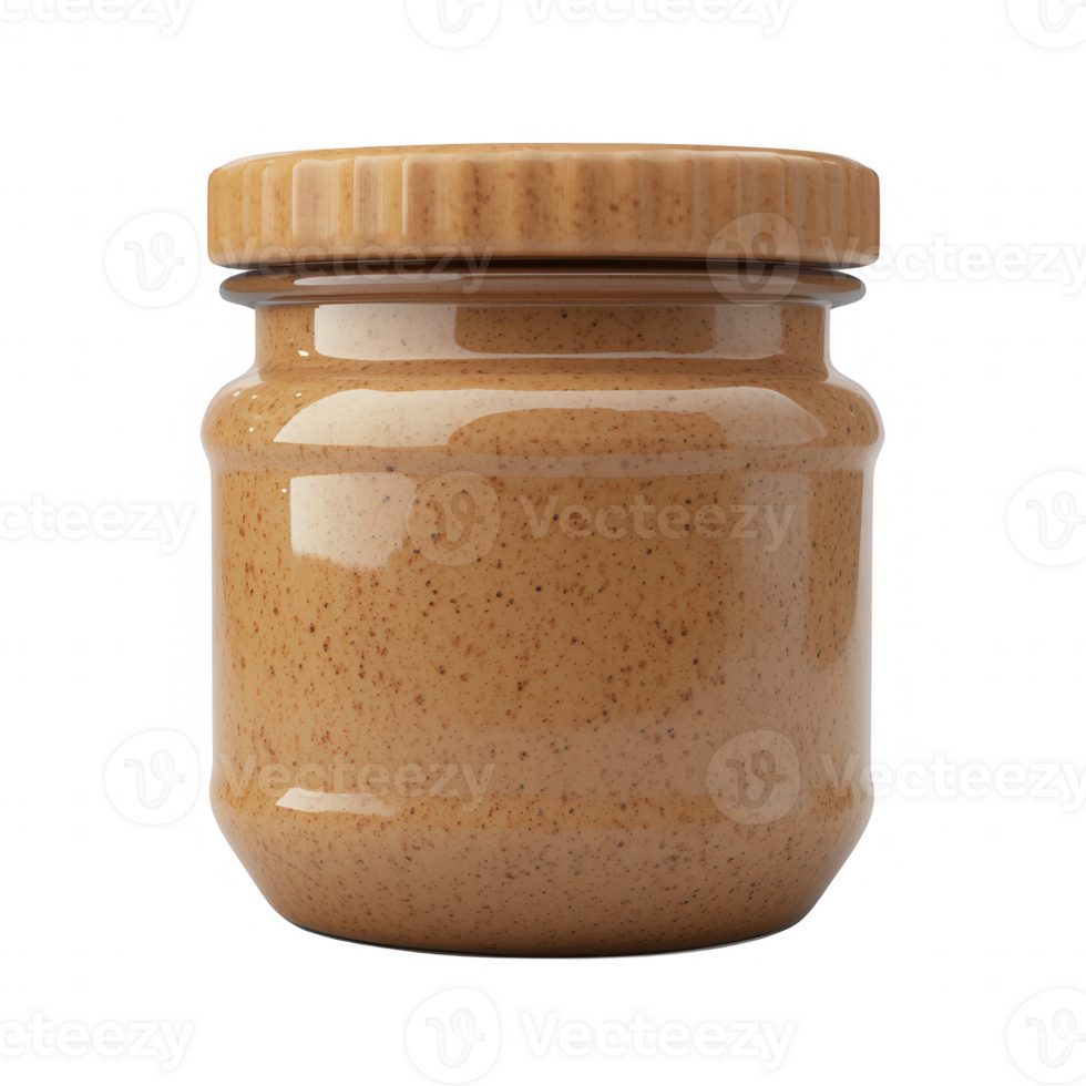 A jar of creamy and crunchy peanut butter with a wooden lid, perfect for spreads. png