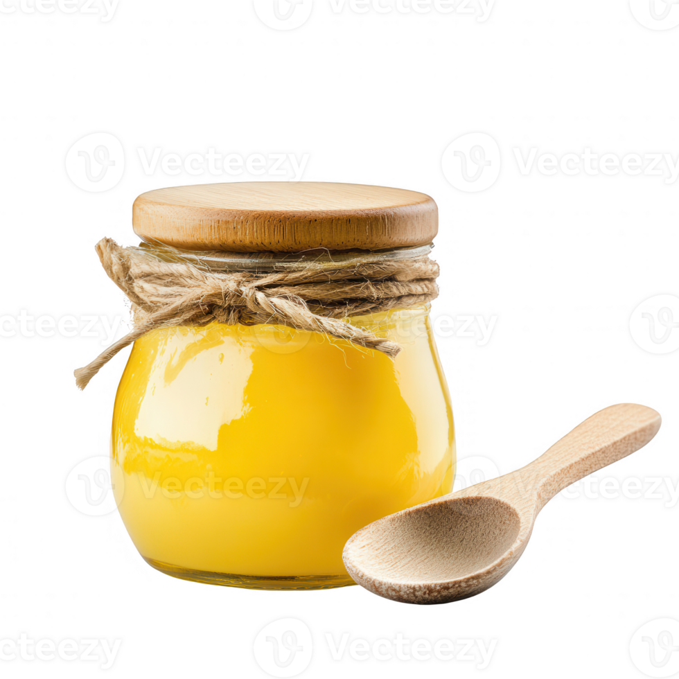 A jar of golden honey with a wooden spoon, perfect for culinary uses. png