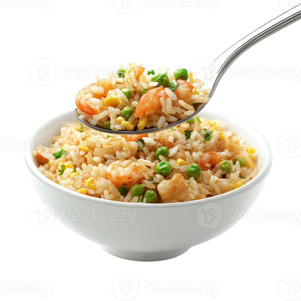 A bowl of delicious shrimp fried rice garnished with green peas and vegetables. png