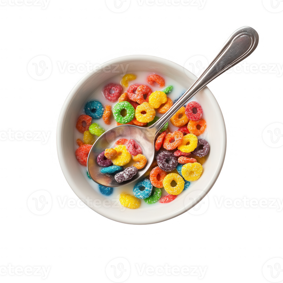 Colorful cereal in a bowl with a spoon, perfect for a cheerful breakfast setting. png
