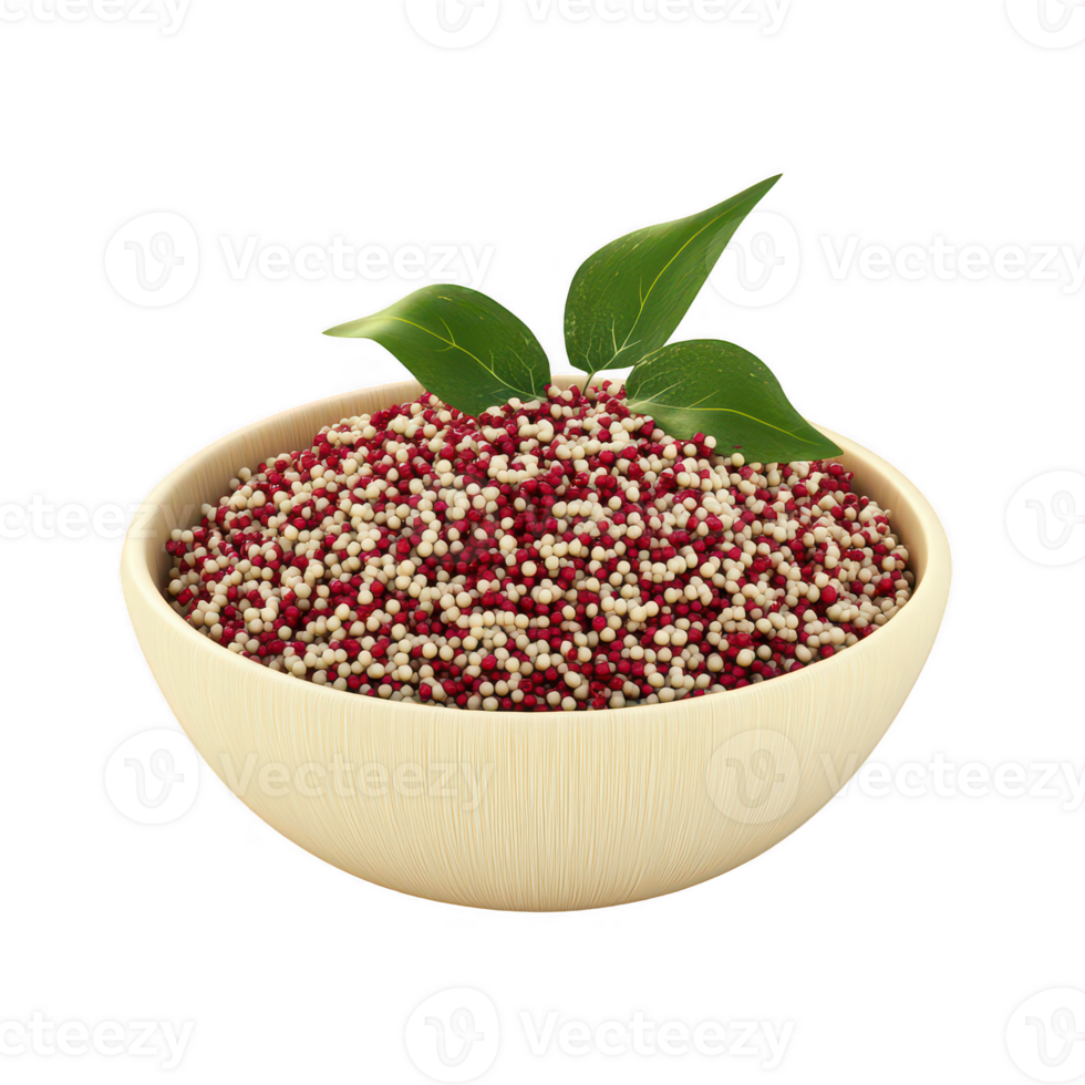 A bowl of colorful quinoa grains topped with fresh green leaves. png