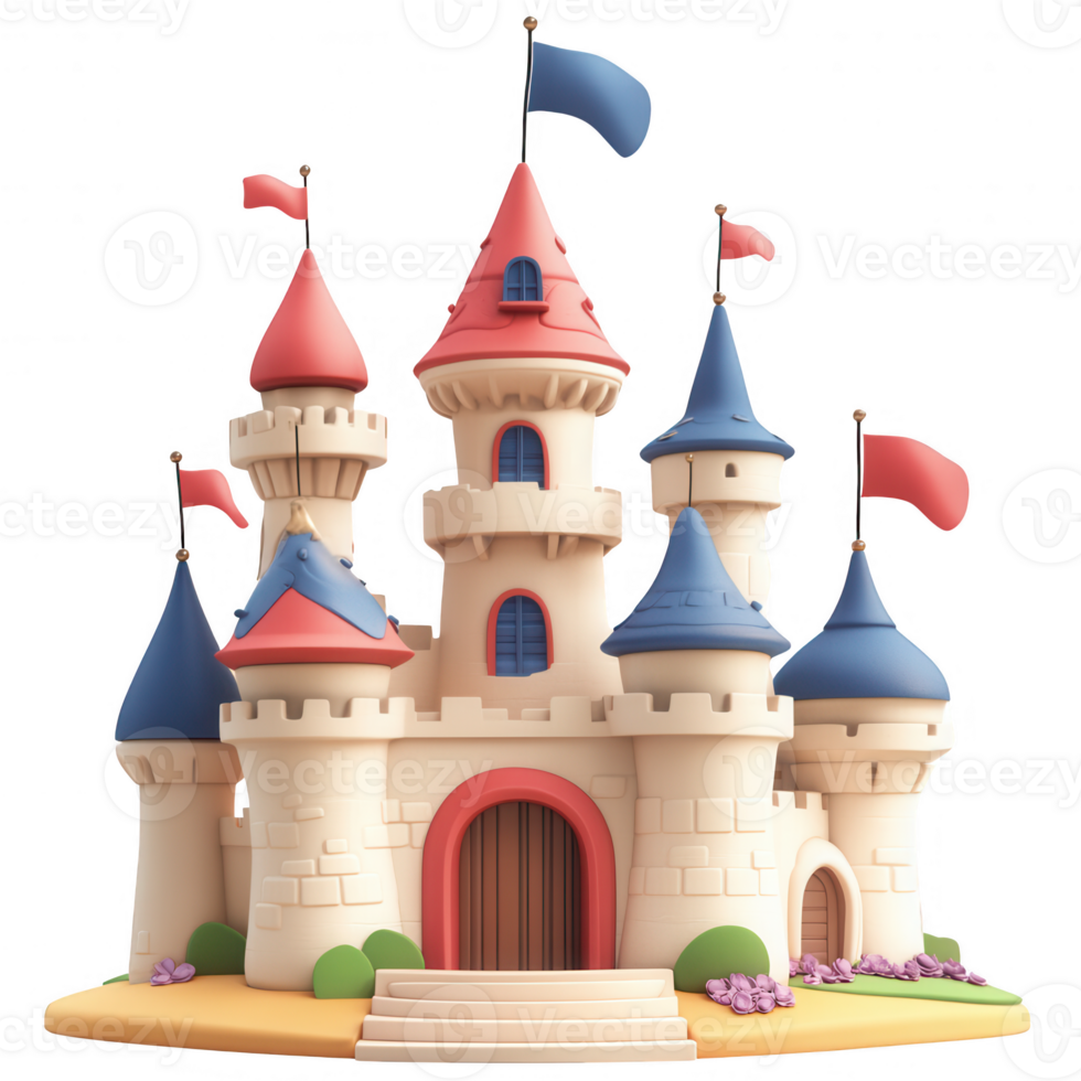 A whimsical castle with colorful towers and flags, perfect for fairy tales and imagination. png