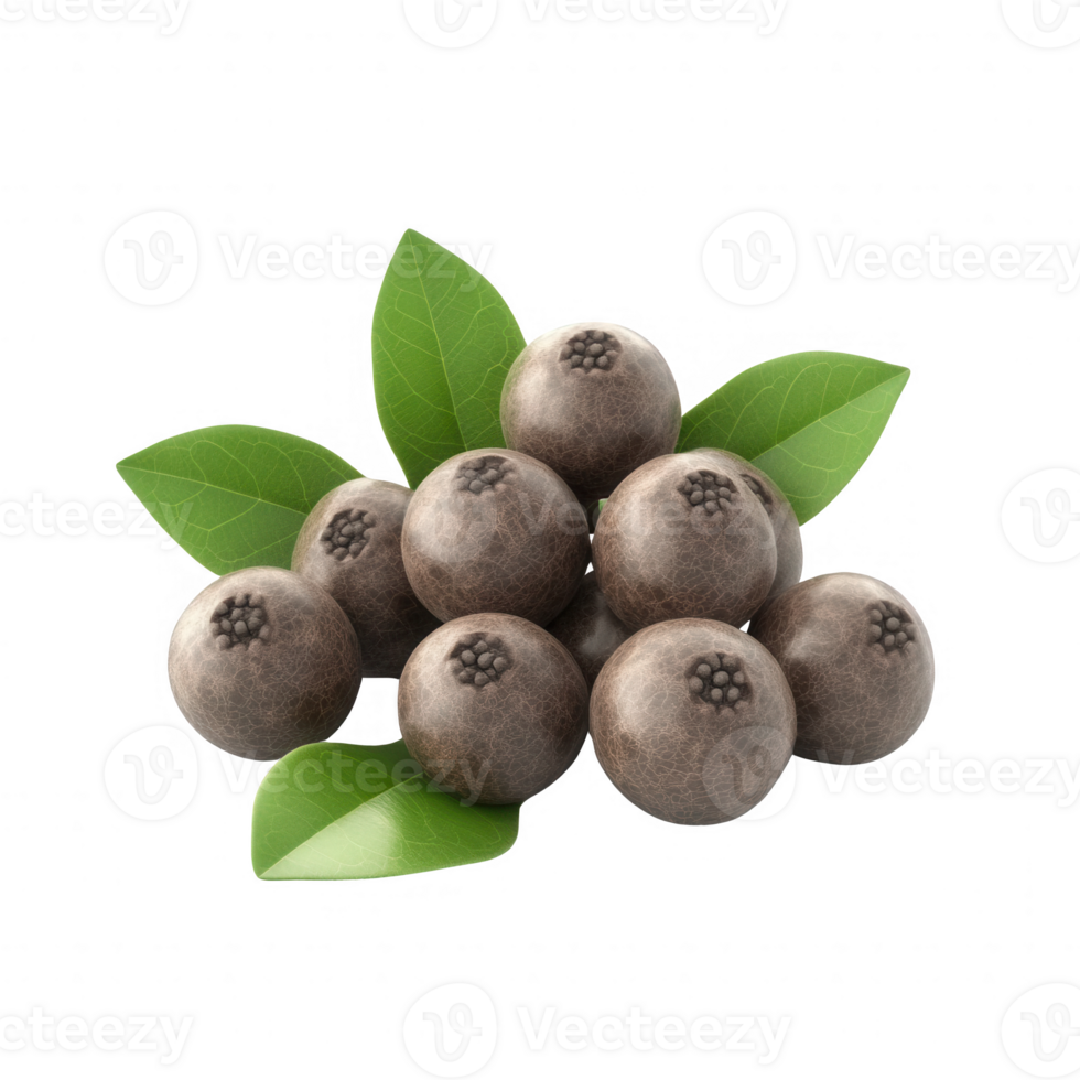 A cluster of fresh black fruits with green leaves, showcasing natural beauty and texture. png