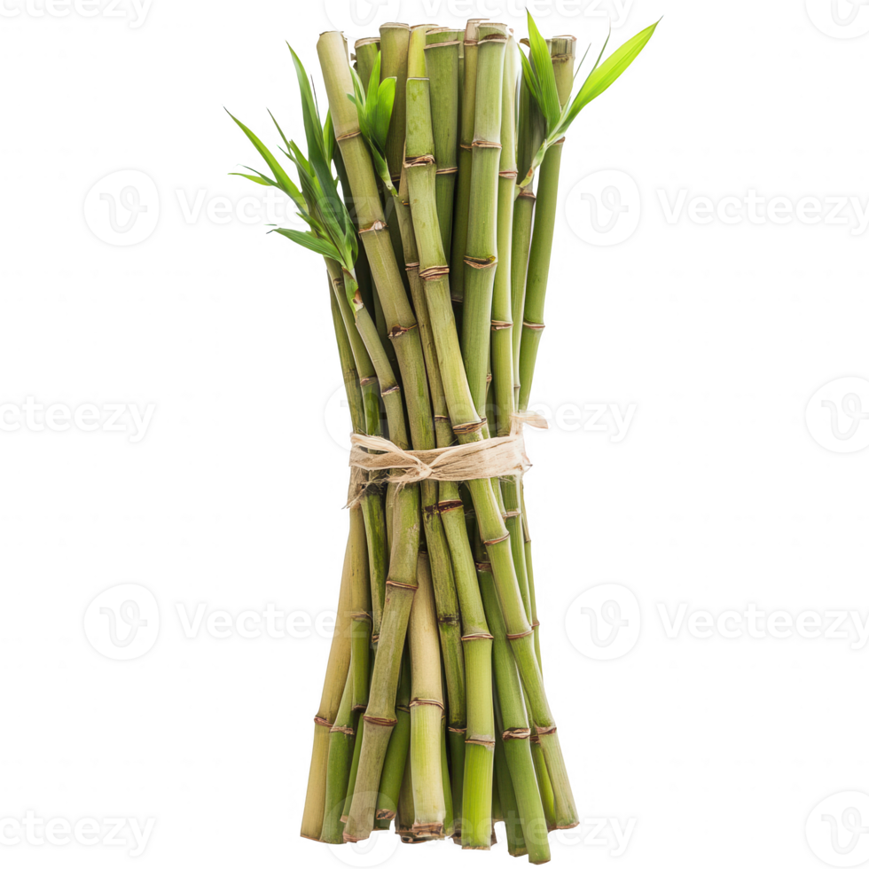 A fresh bundle of green bamboo stalks tied with twine, symbolizing nature and growth. png