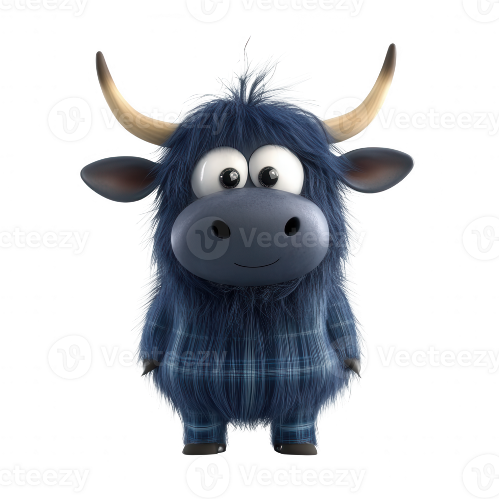 A cute cartoonish blue highland cow character with big eyes and a friendly smile. png