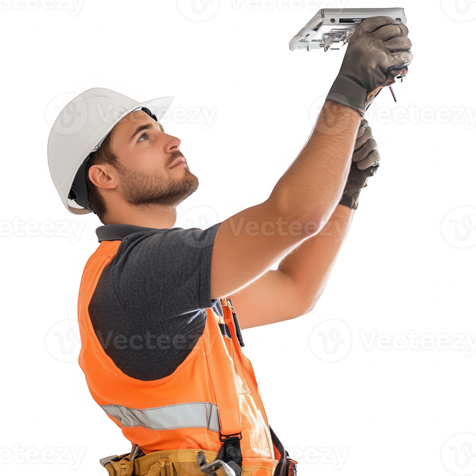 A worker installing equipment while ensuring safety at a construction site. png