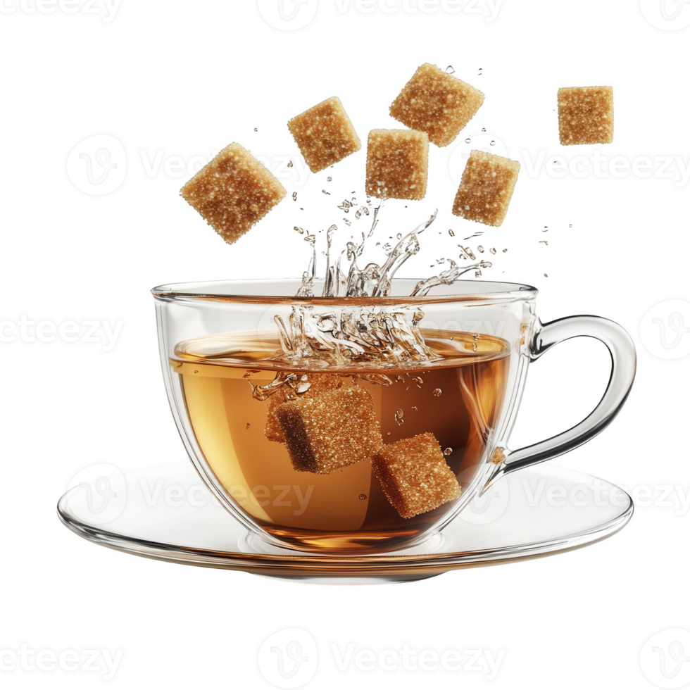 A cup of tea with sugar cubes splashing into it, creating a delightful view. png