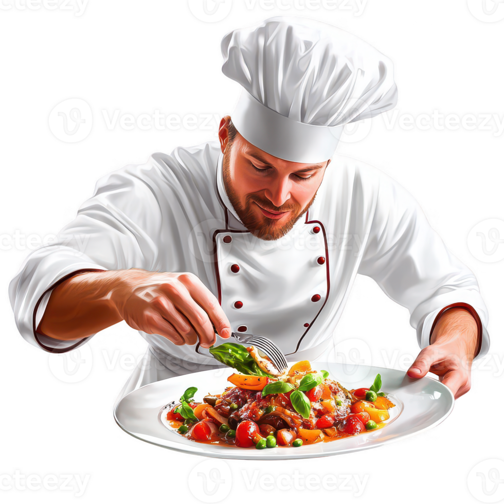 A chef meticulously garnishing a delicious gourmet meal on a white plate. png