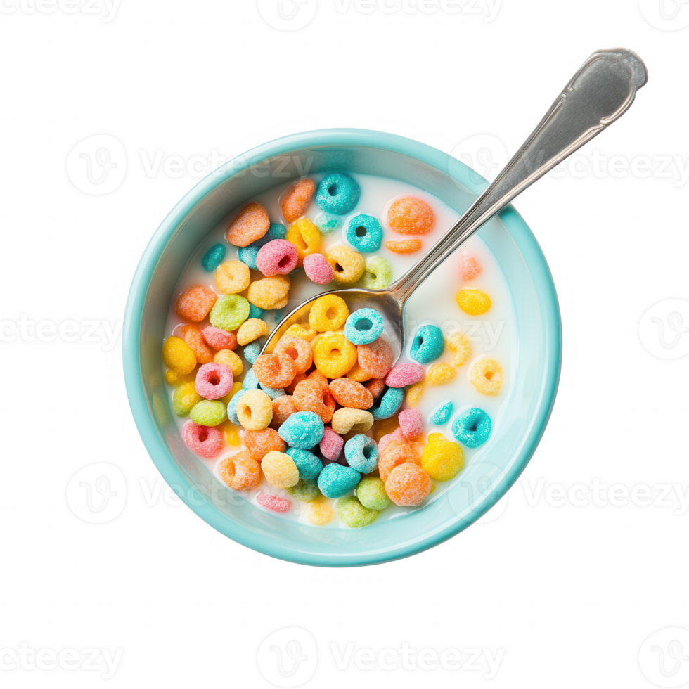 A colorful bowl of cereal served with milk, perfect for breakfast or snack time. png