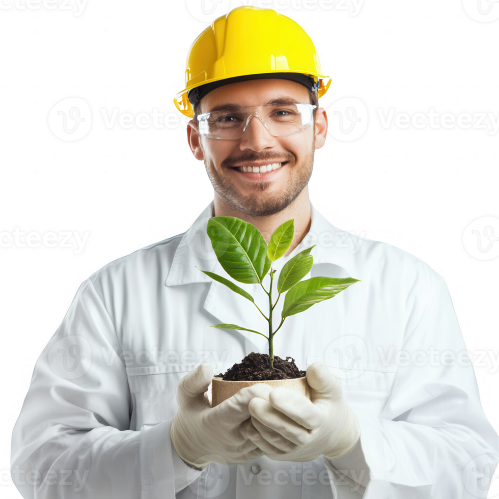A happy man in a helmet holds a young plant, symbolizing growth and sustainability. png