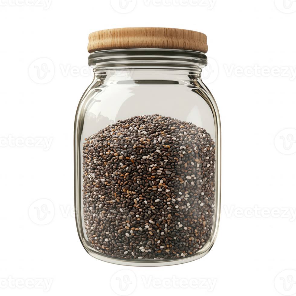 A clear jar filled with nutritious chia seeds, ideal for healthy recipes. png