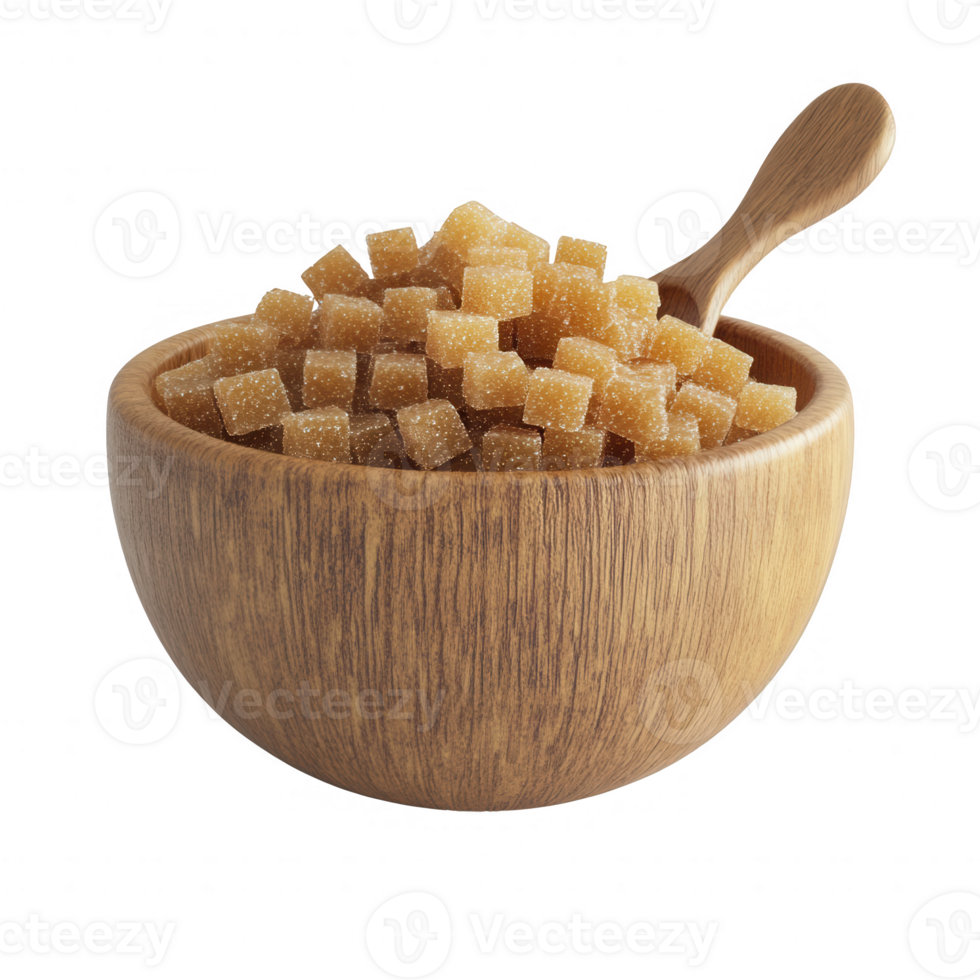 A bowl of brown sugar cubes with a wooden spoon, perfect for cooking and baking. png