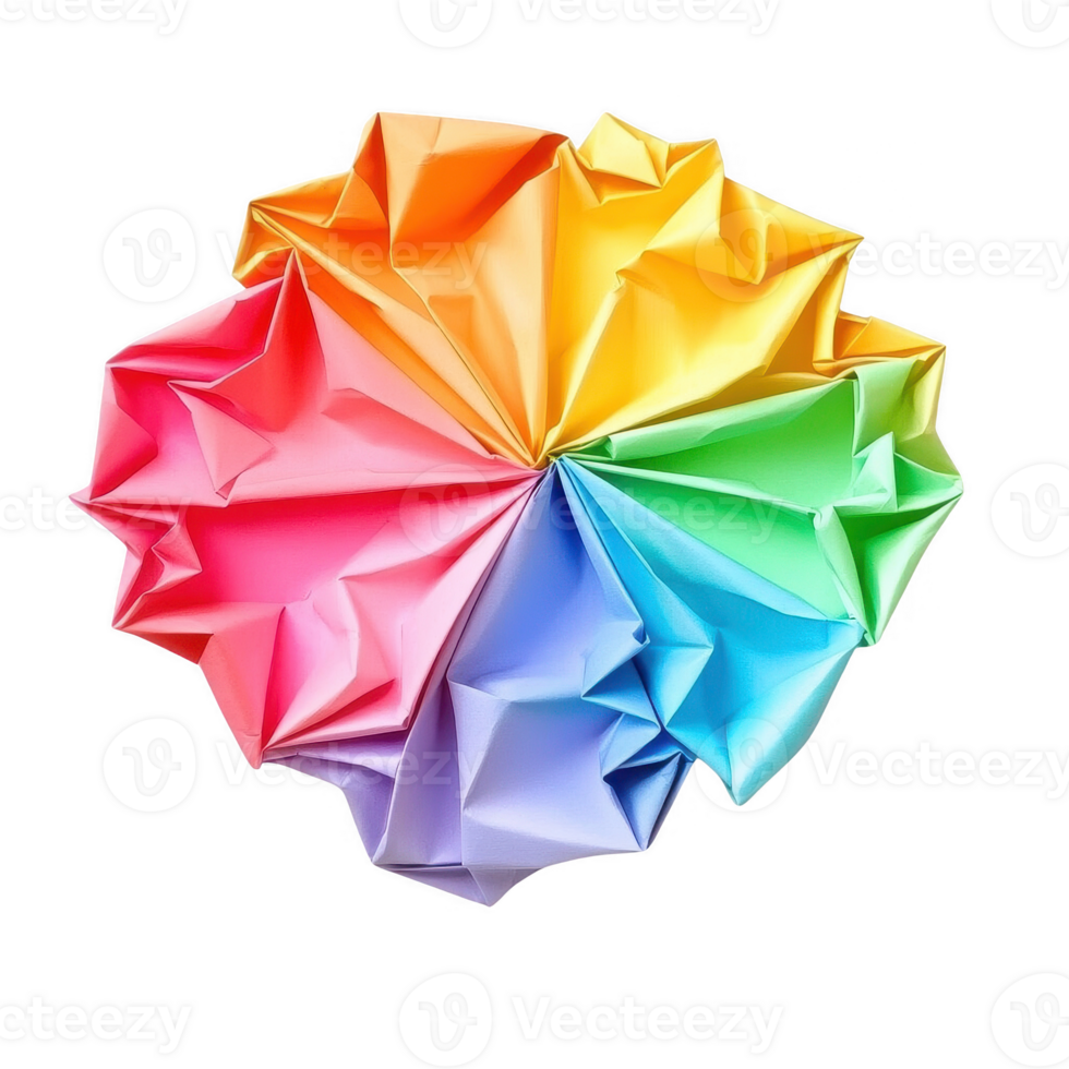A vibrant, multi-colored origami flower showcasing intricate paper folding art. png