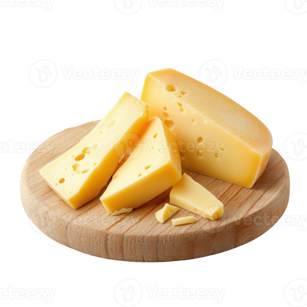 A selection of delicious yellow cheese pieces on a wooden board. png