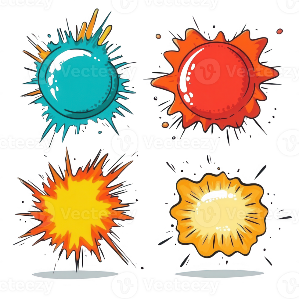 A collection of vibrant comic-style explosion graphics in various colors and shapes. png