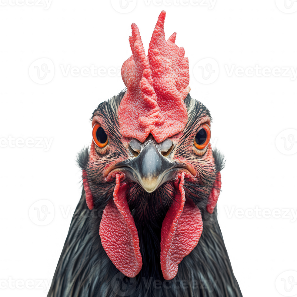 A close-up portrait of a vibrant rooster showcasing its striking features. png