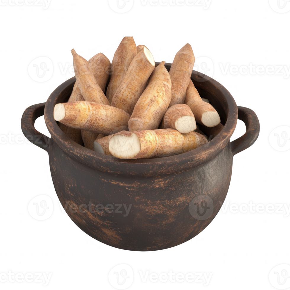 A rustic pot filled with fresh, organic yams ready for cooking and nutritious meals. png