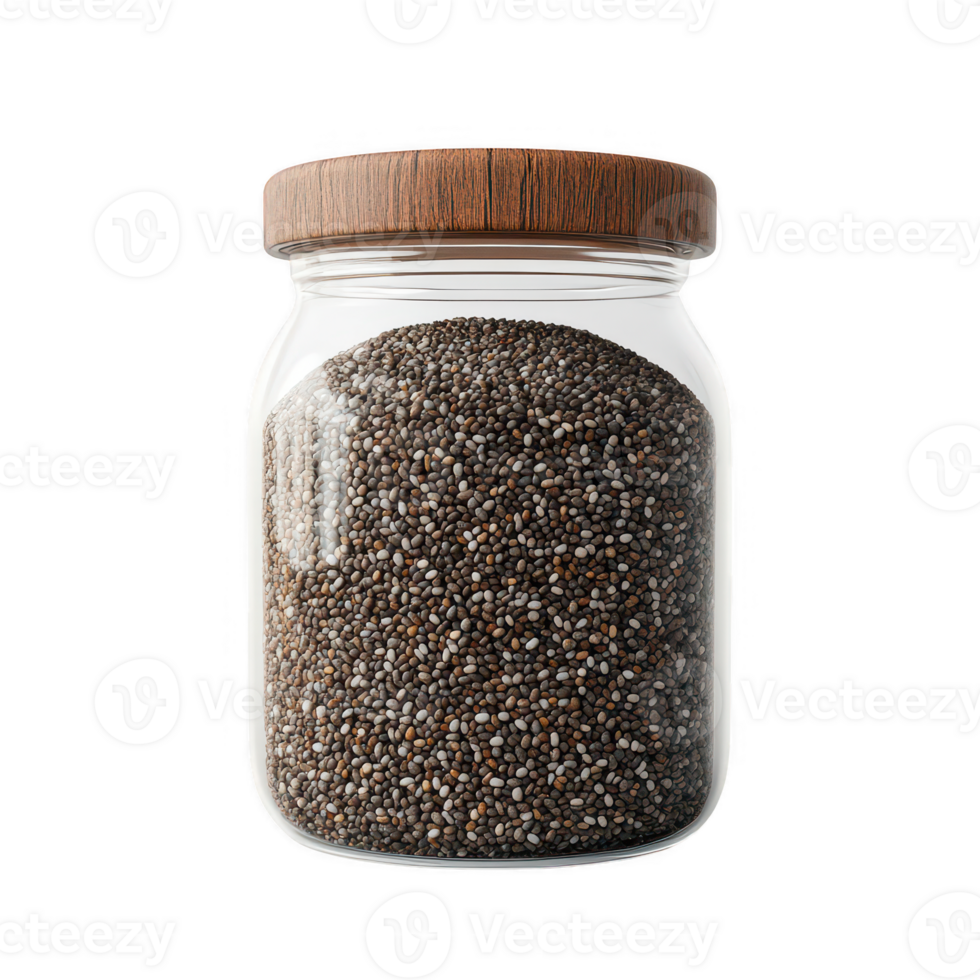 A glass jar filled with nutritious chia seeds, ideal for healthy recipes and snacks. png