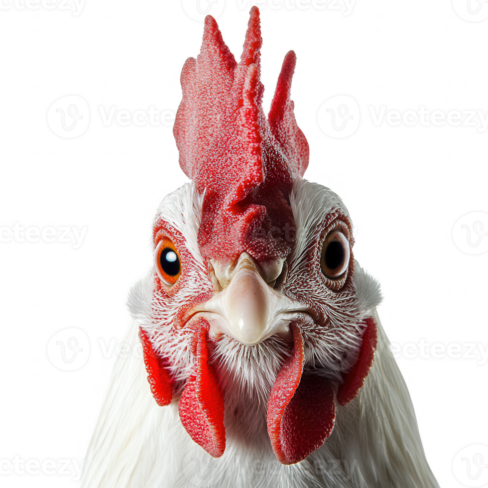 A close-up portrait of a majestic white chicken with striking features. png