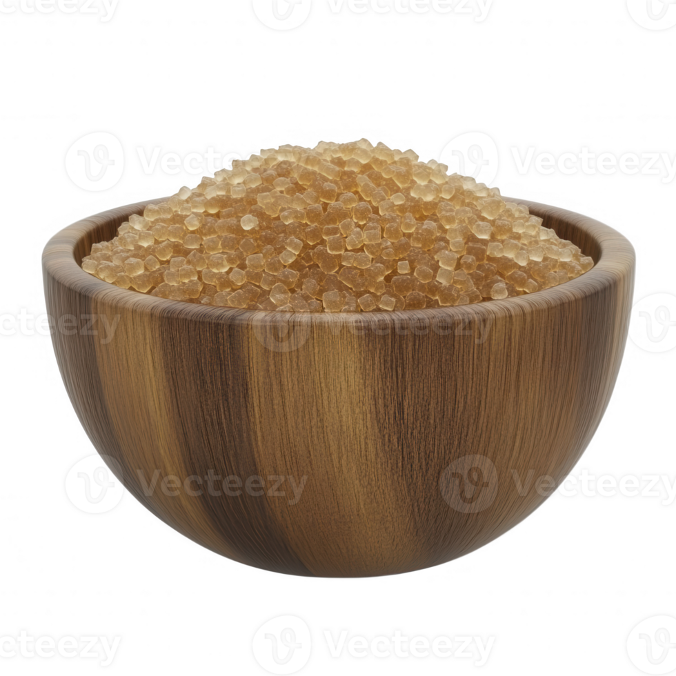 A wooden bowl filled with golden-brown sugar crystals showcasing a natural texture. png