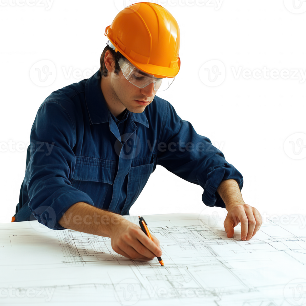 A construction worker drafting blueprints on a table in a professional setting. png
