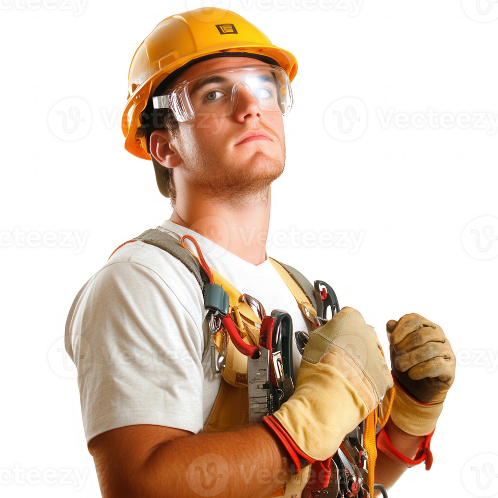 A focused construction worker ready for the job, showcasing safety gear and determination. png